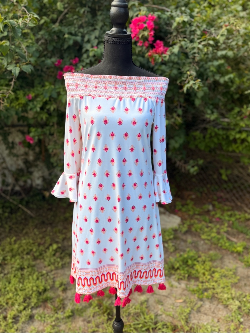 Cabana Life White One-Shoulder Dress with Pink Print and Tassel Hem Boho